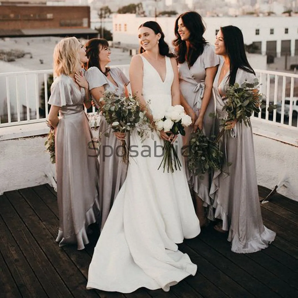 Gray Short Sleeves Unique Soft Beach Bridesmaid Dresses WG767