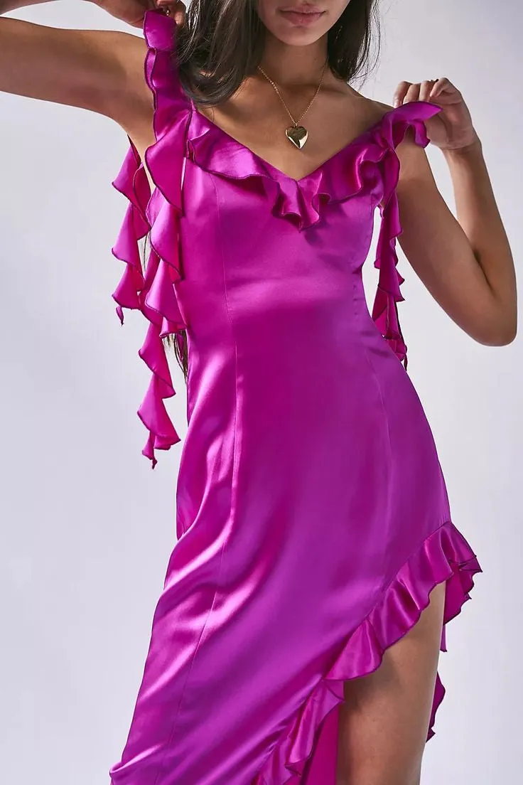 Hot Pink Ruffled Maxi Dresses, High Slit Soft Satin Prom Dresses, Wedding Guest Dresses