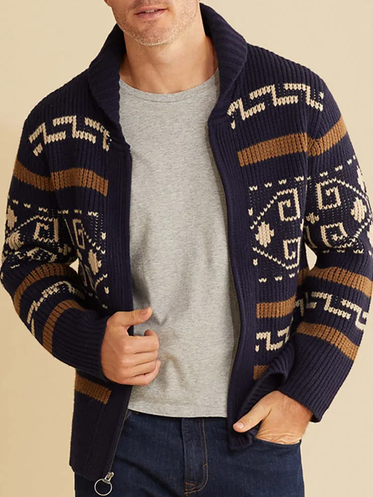 Lapel Jacquard Knitted Cardigan Sweater