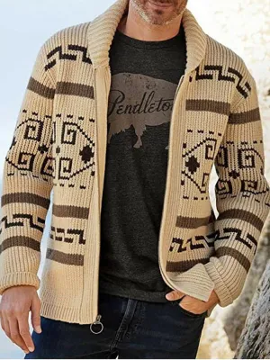 Lapel Jacquard Knitted Cardigan Sweater