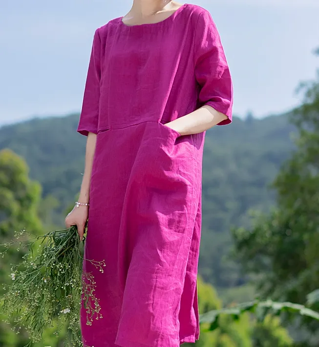 Mid Length Linen Dresses,Soft Women Dresses Half Sleeves Summer Dress 9023