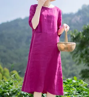 Mid Length Linen Dresses,Soft Women Dresses Half Sleeves Summer Dress 9023