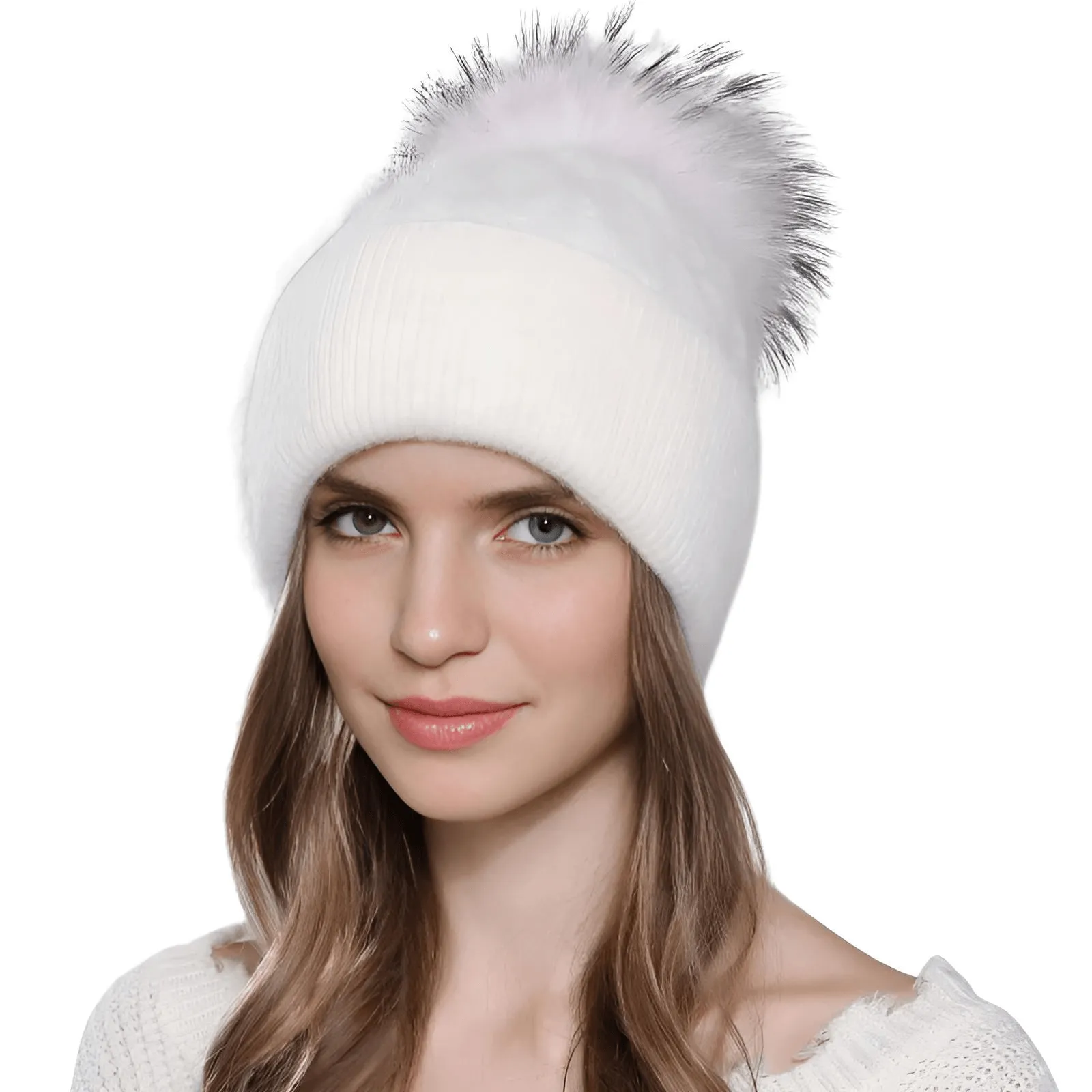 Natural Raccoon Fur Pompom Rabbit Fur Women's Angora Fur Hat Bonnet Women's Winter Hats