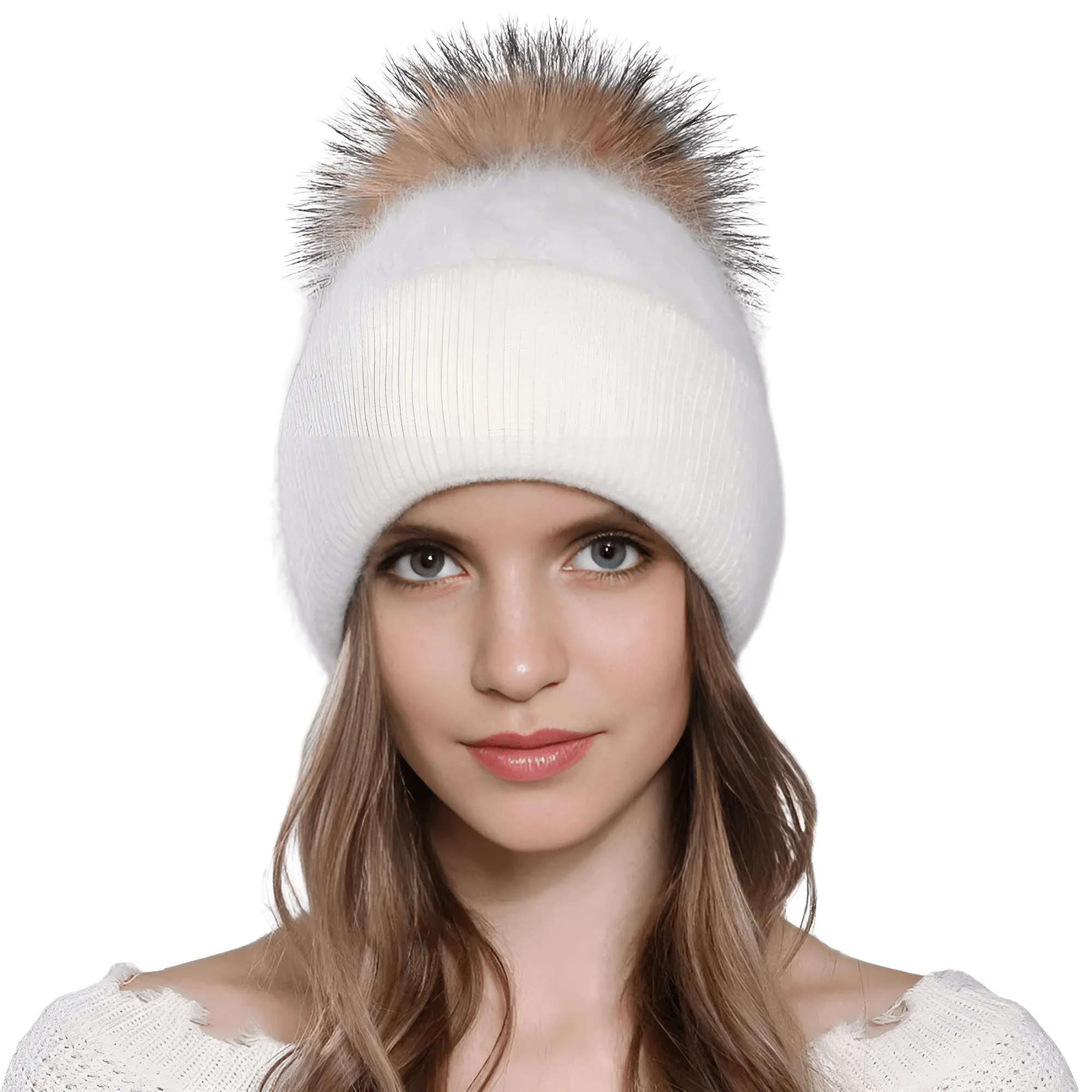 Natural Raccoon Fur Pompom Rabbit Fur Women's Angora Fur Hat Bonnet Women's Winter Hats