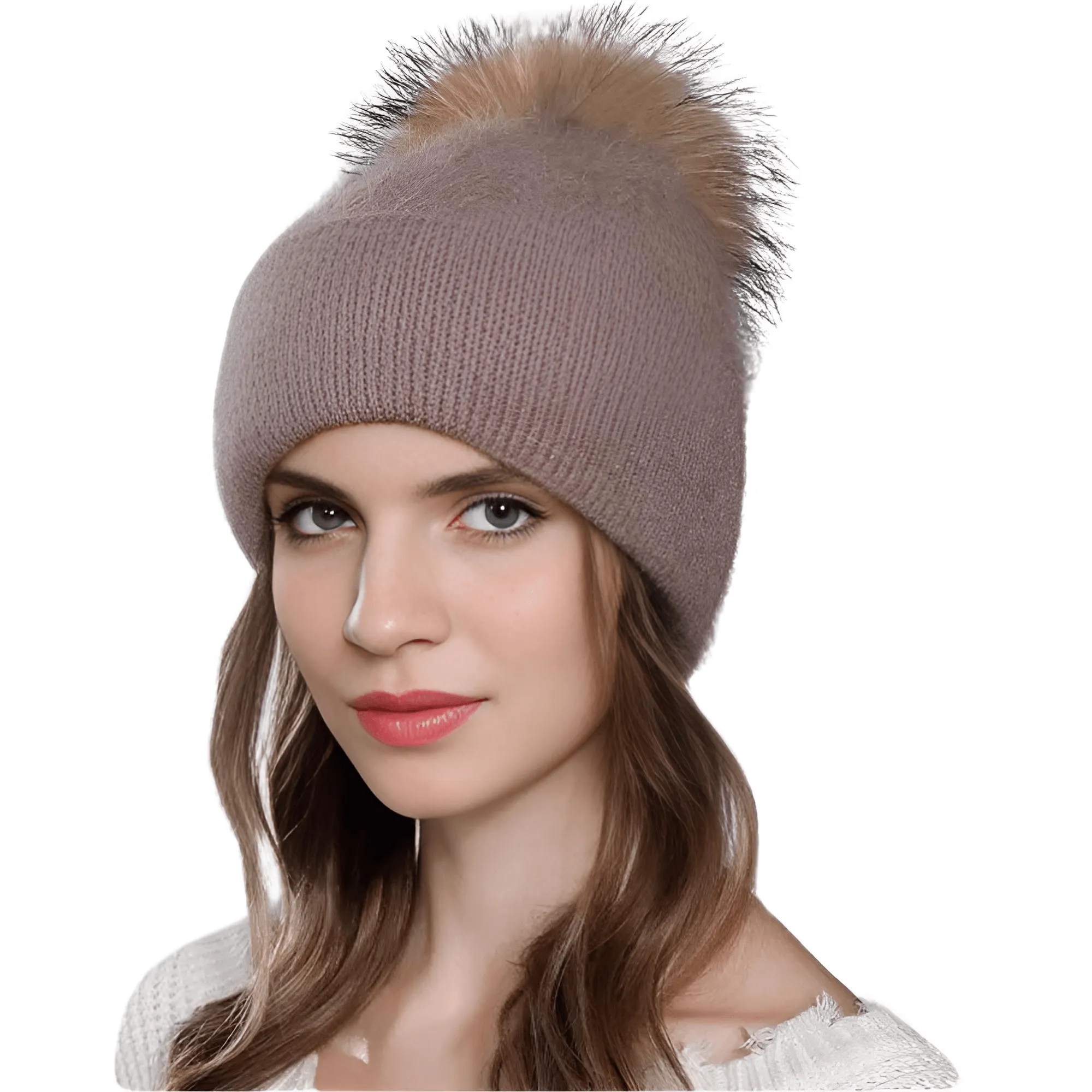 Natural Raccoon Fur Pompom Rabbit Fur Women's Angora Fur Hat Bonnet Women's Winter Hats