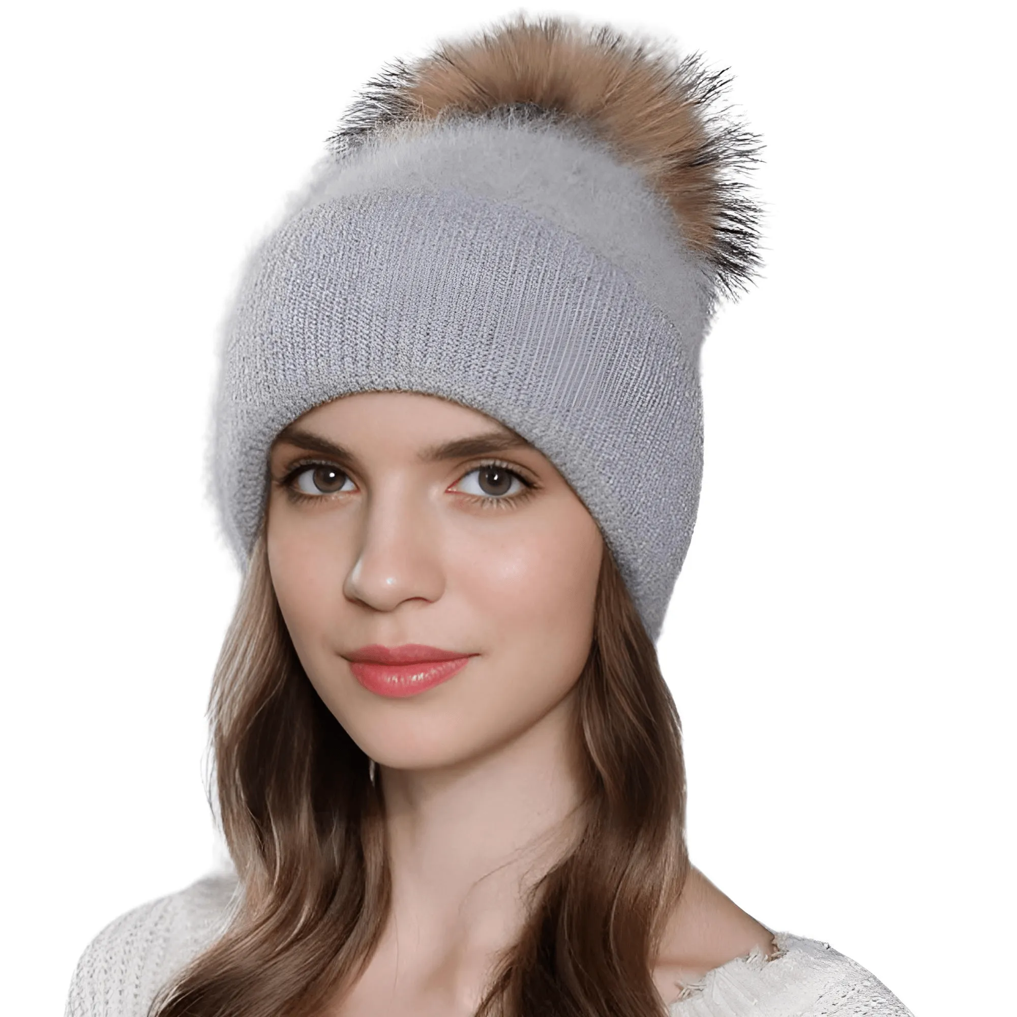 Natural Raccoon Fur Pompom Rabbit Fur Women's Angora Fur Hat Bonnet Women's Winter Hats