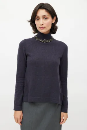 Navy Cashmere Jewel Embellished Turtleneck