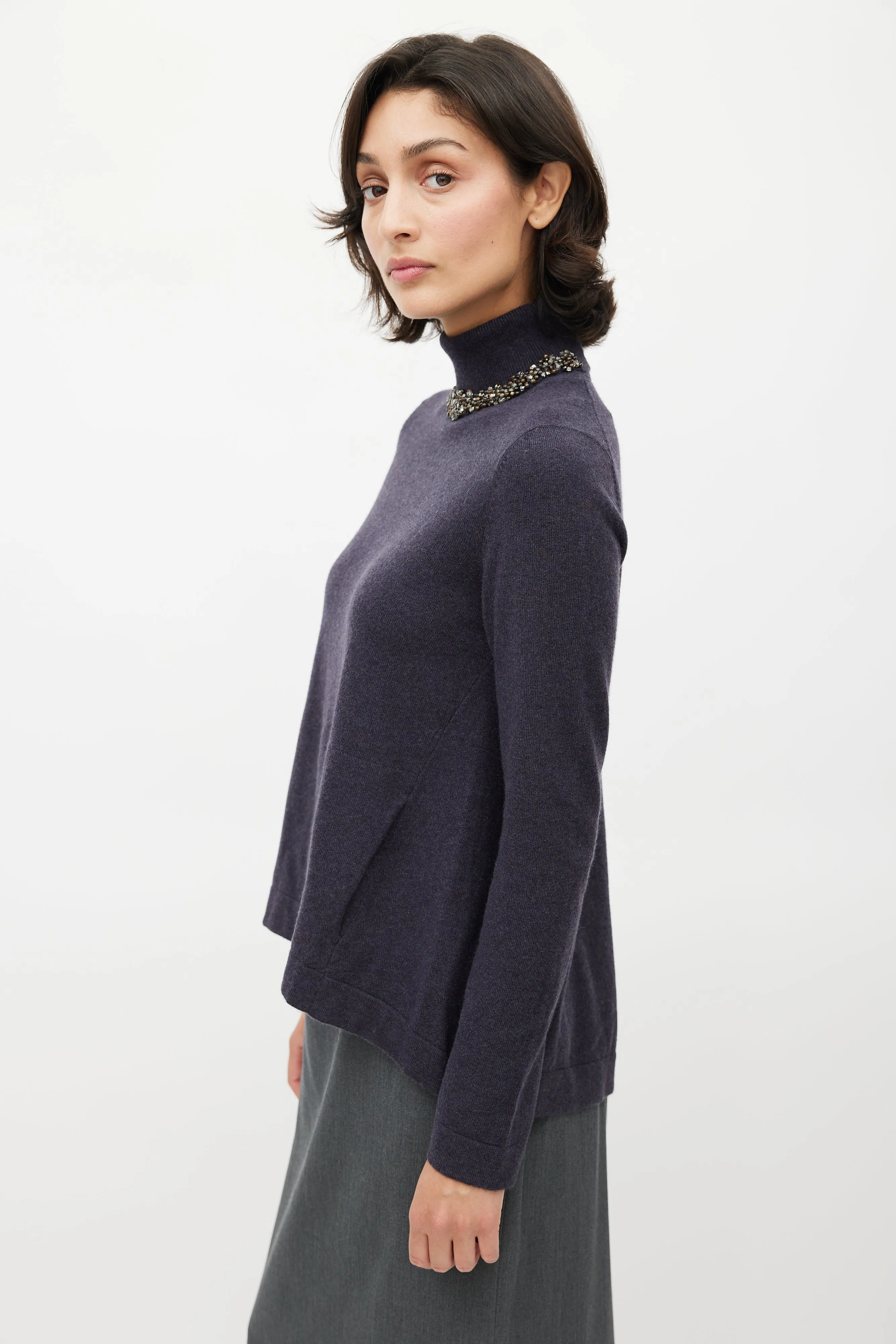 Navy Cashmere Jewel Embellished Turtleneck