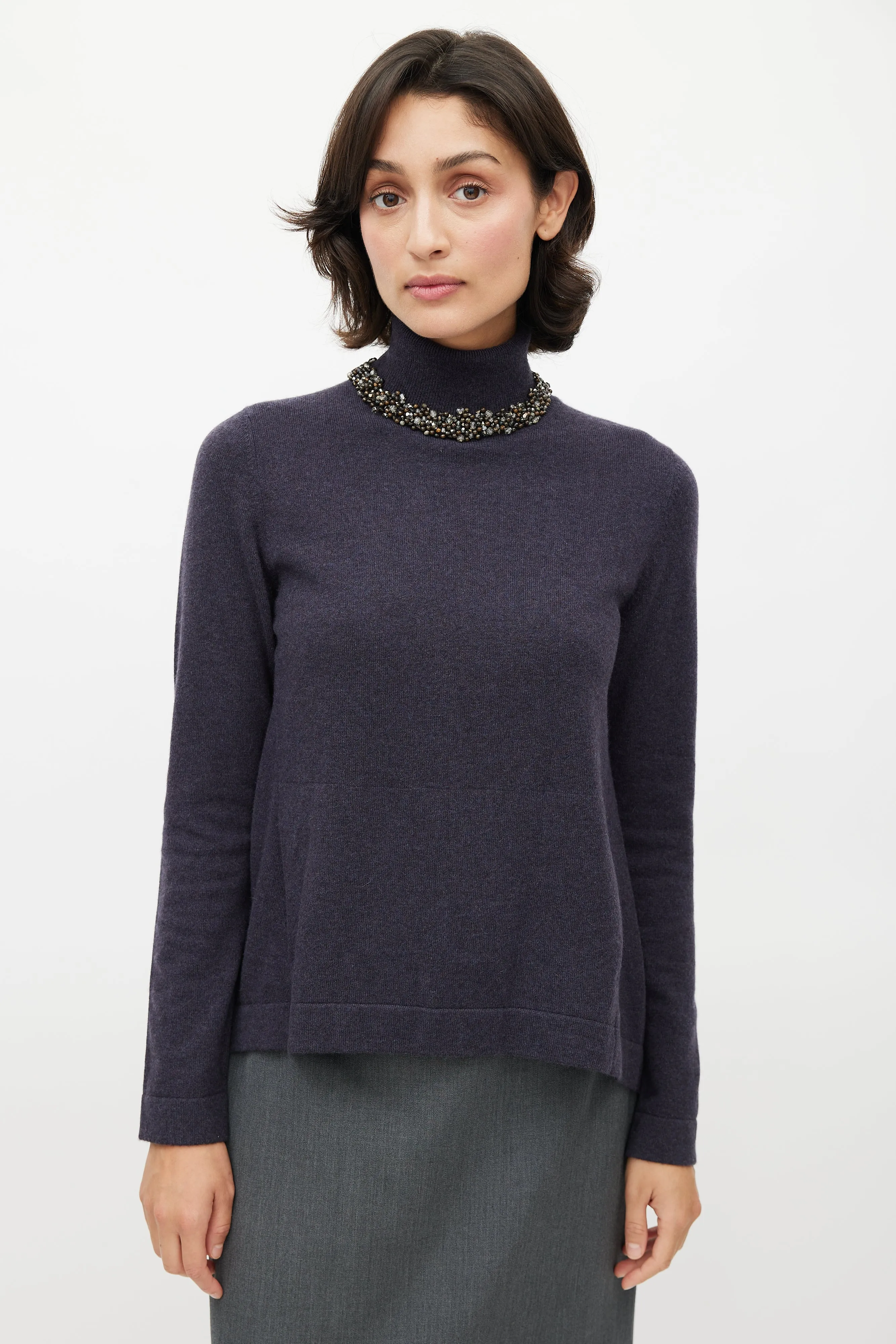 Navy Cashmere Jewel Embellished Turtleneck