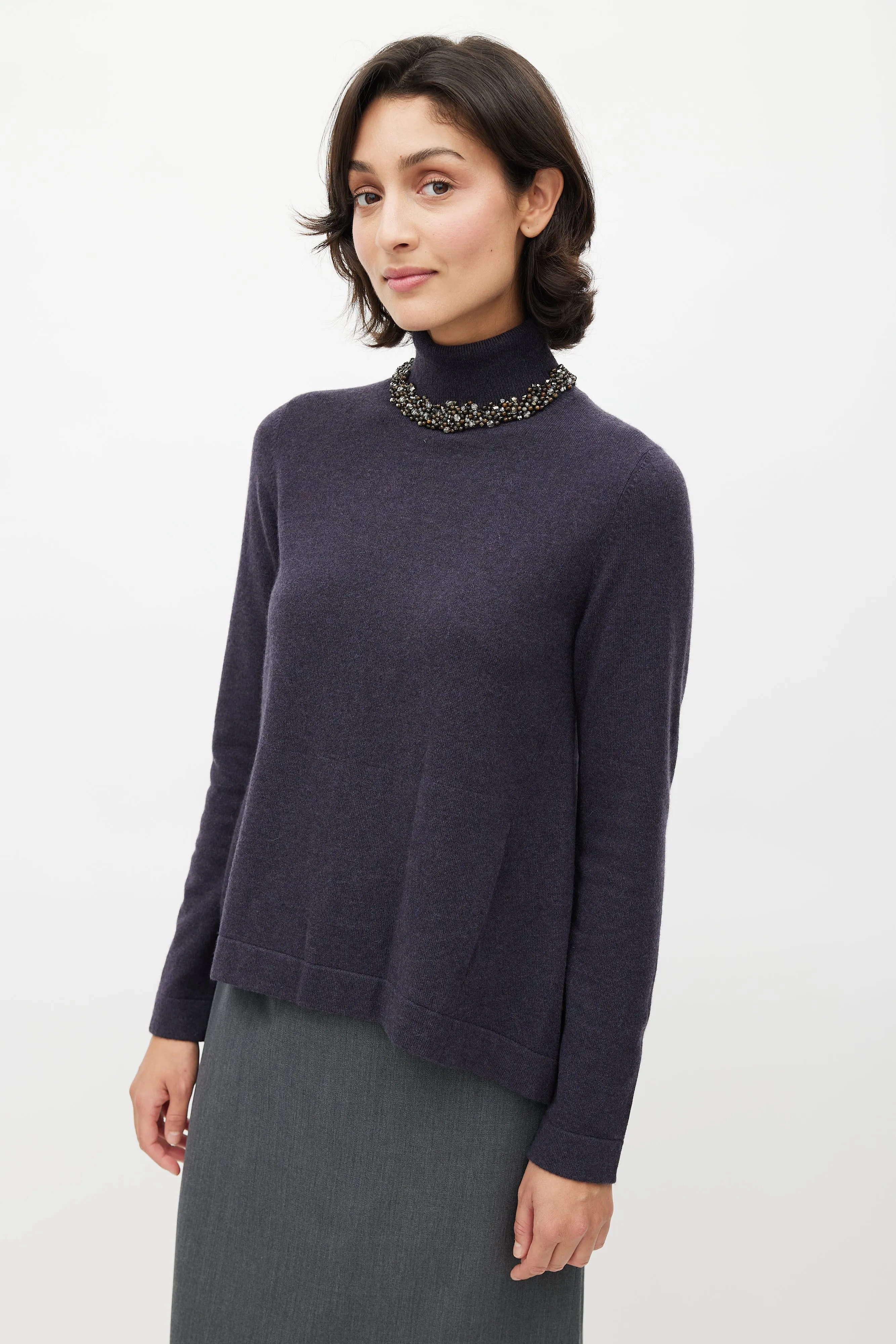 Navy Cashmere Jewel Embellished Turtleneck