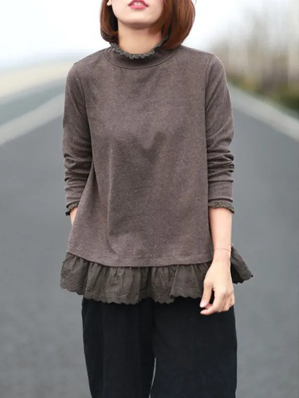 Original Creation Long Sleeves Loose Ruffled Solid Color Stand Collar T-Shirts Tops