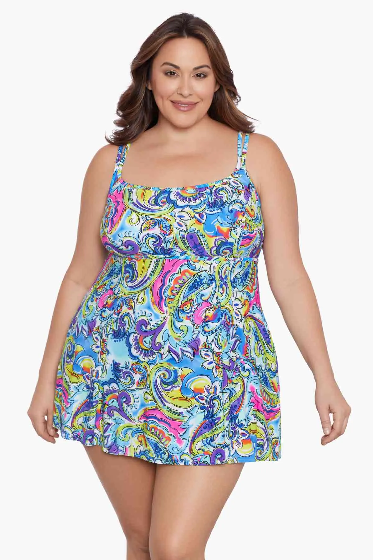 Plus Size Empire Princess Seam Swim Dress Paisley Seas