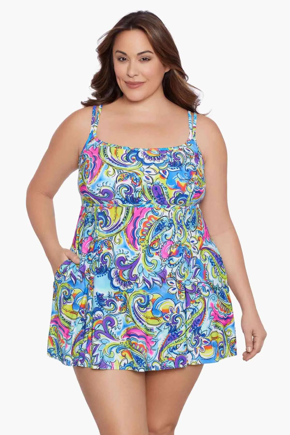 Plus Size Empire Princess Seam Swim Dress Paisley Seas