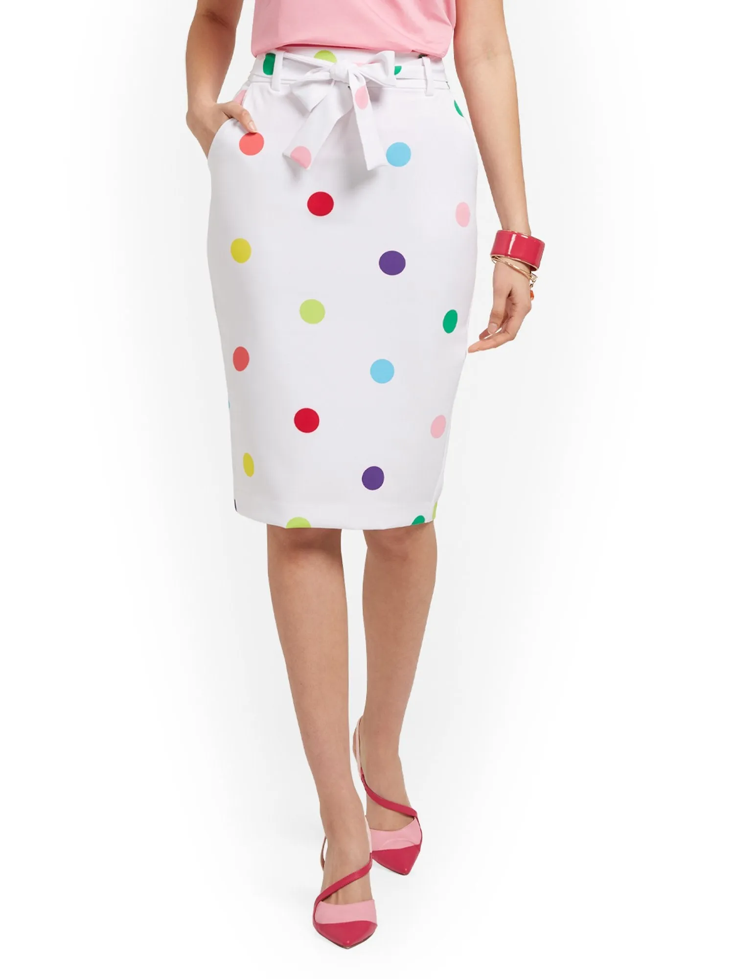 Polka-Dot Tie-Waist Pencil Skirt