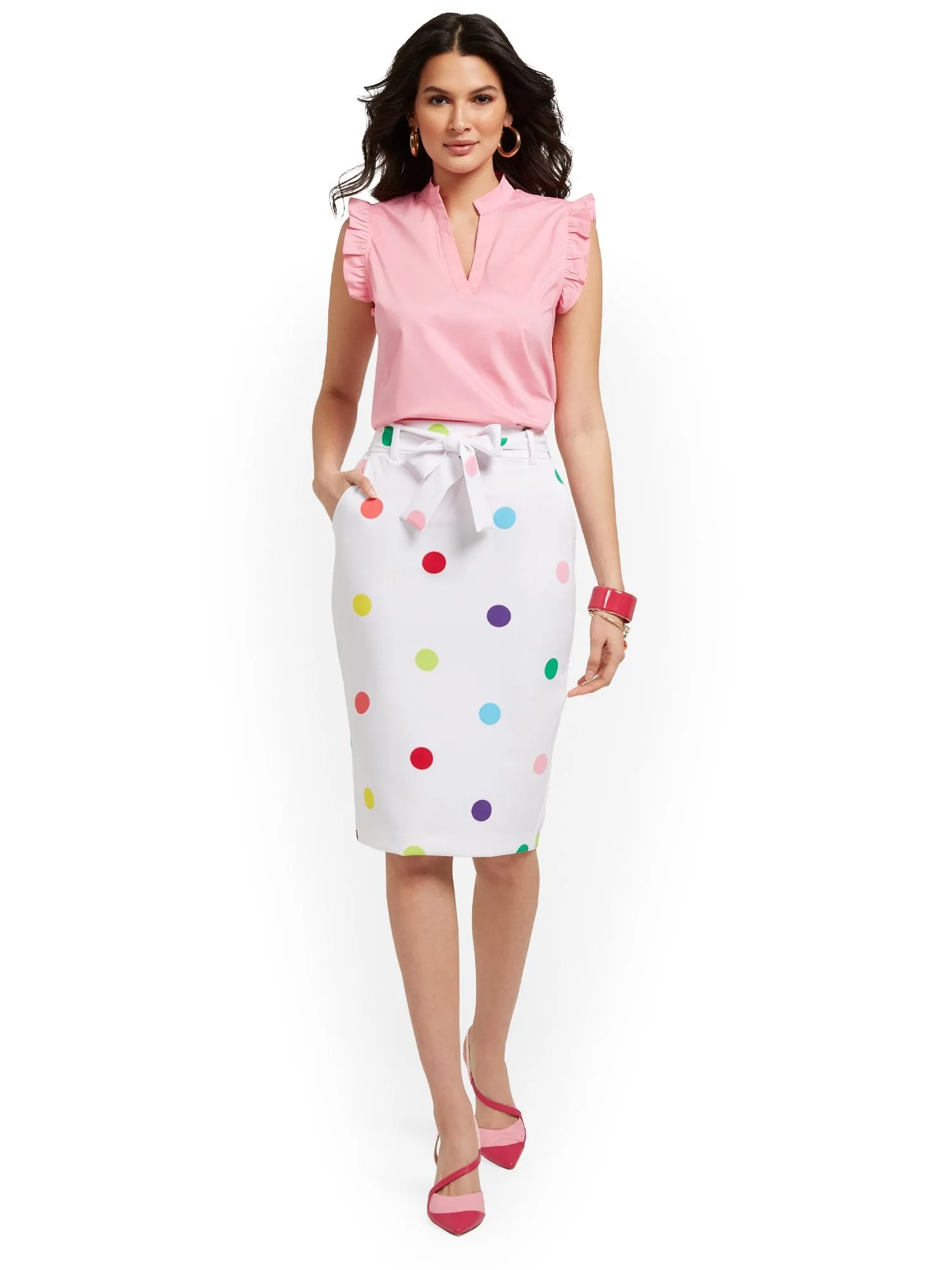 Polka-Dot Tie-Waist Pencil Skirt