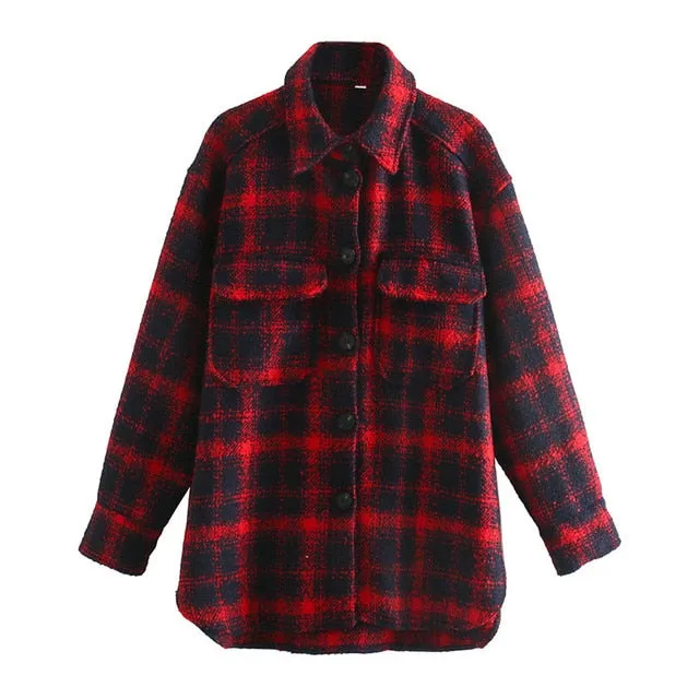 Purpdrank - Women Autumn Winter Fashion Plaid Khaki Thick Coats Overshirt Female Stylish Pockets Plaid Long Jackets Overisze Outwear