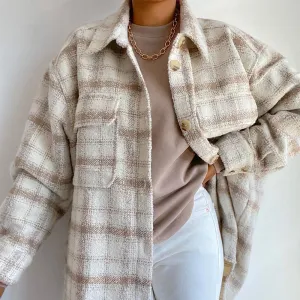 Purpdrank - Women Autumn Winter Fashion Plaid Khaki Thick Coats Overshirt Female Stylish Pockets Plaid Long Jackets Overisze Outwear