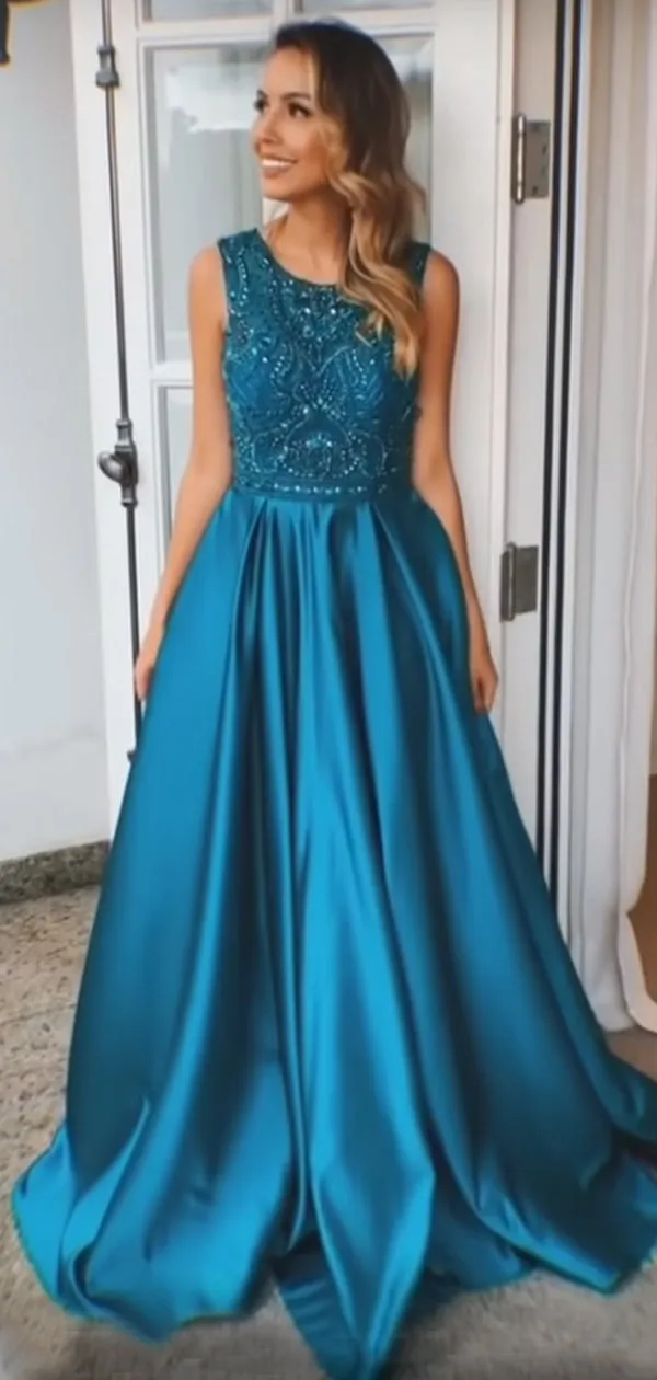 Royal Blue Satin Beading Sleeveless Charming Prom Dresses.PD00279