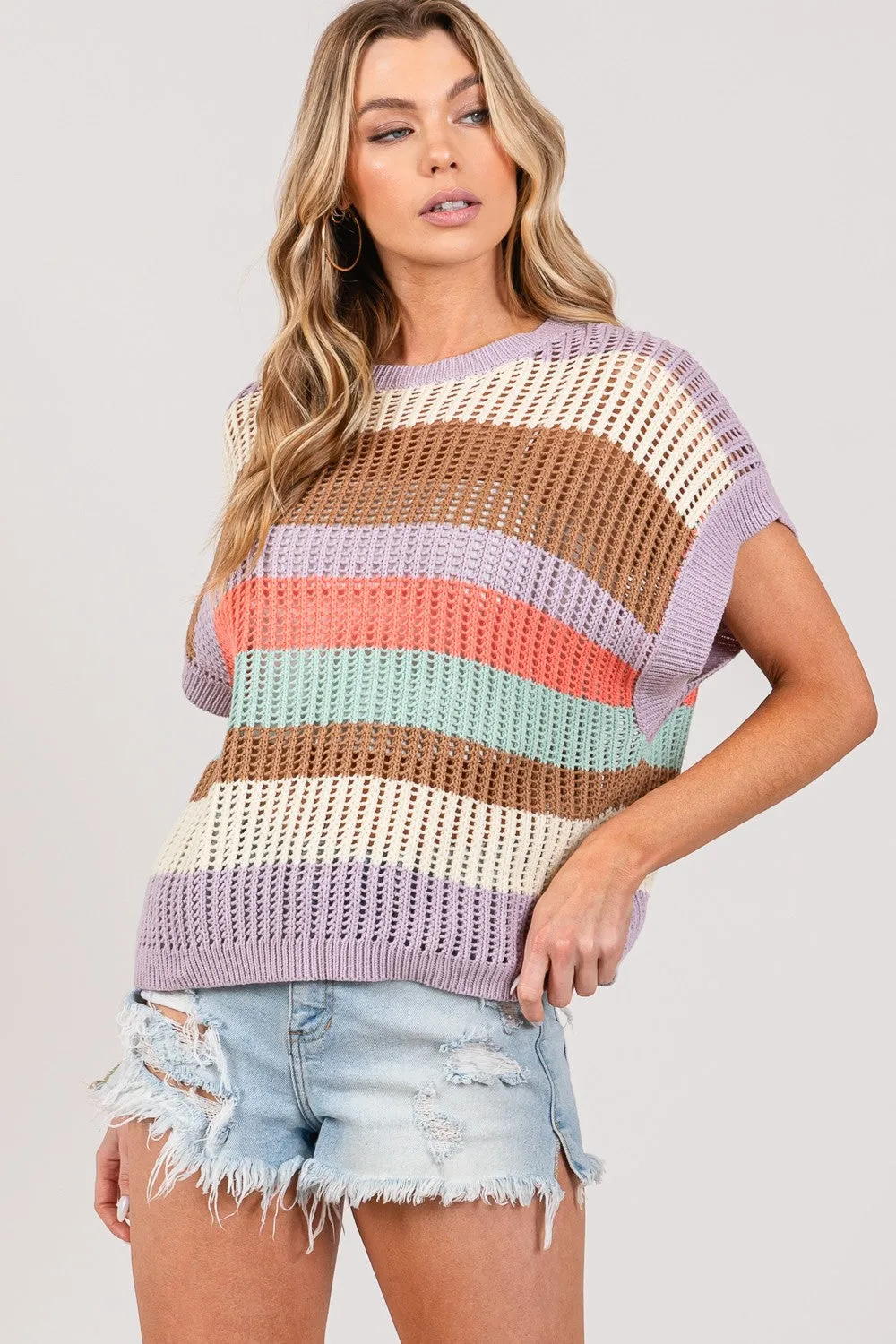 SAGE   FIG Color Block Striped Crochet Sweater