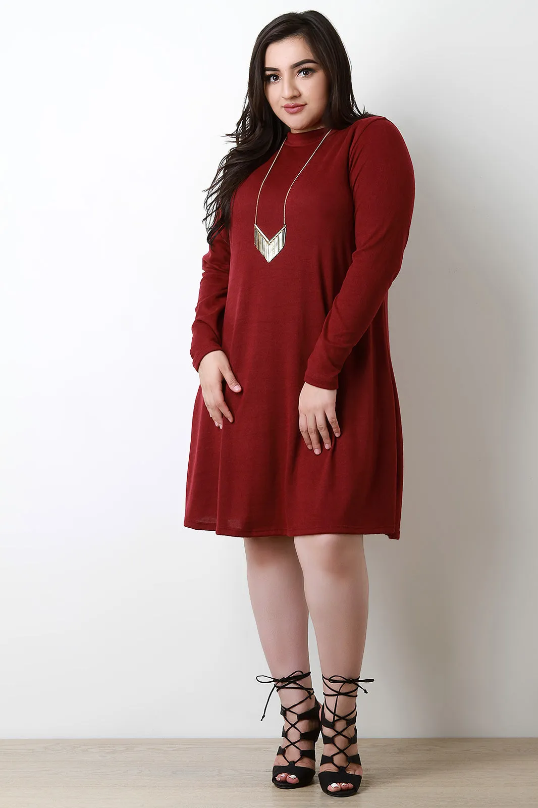 Soft Knit Mock Neck Long Sleeve Shift Dress