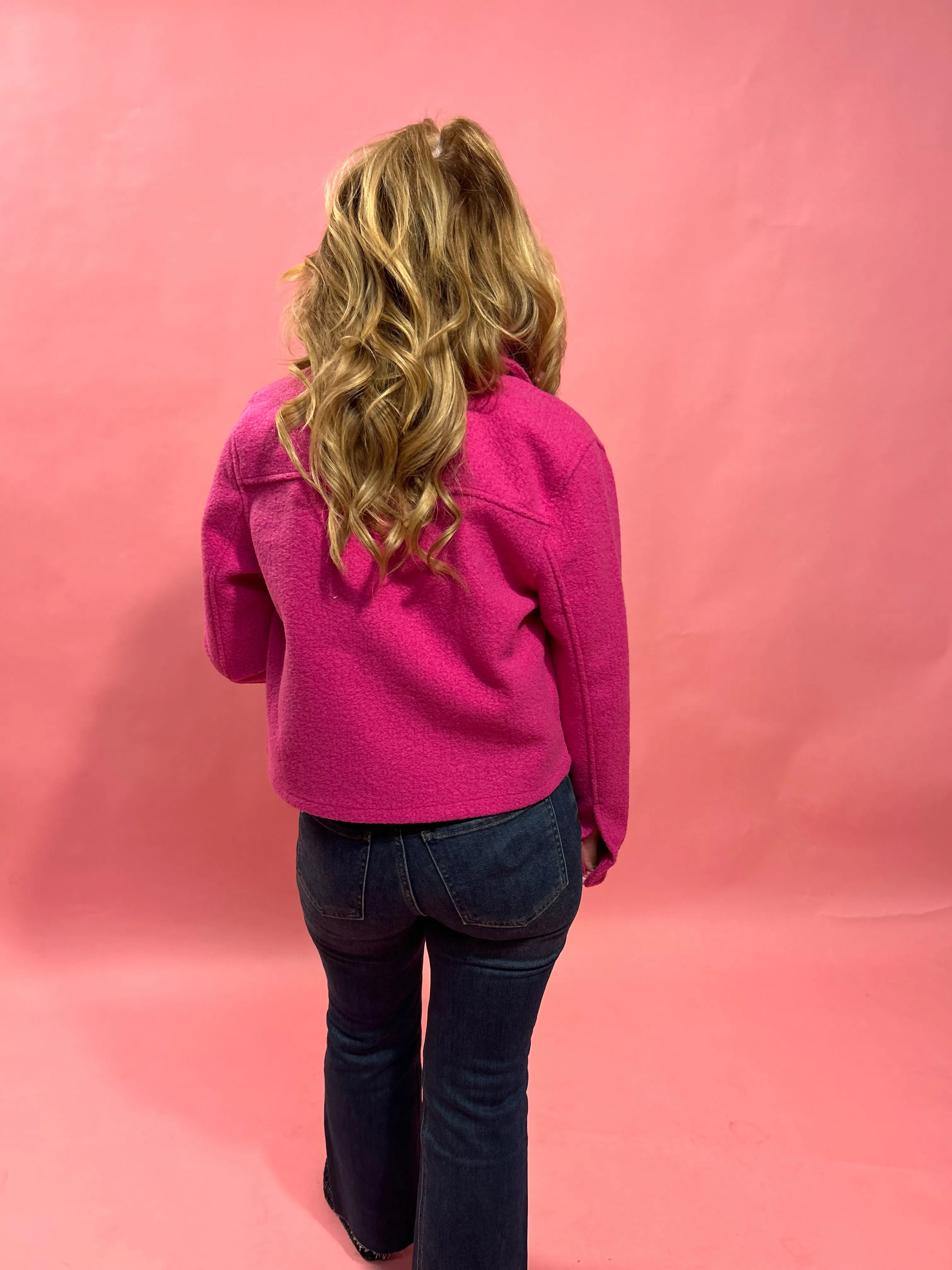 Stacey Snap Button Down Teddy Jacket in Fuchsia