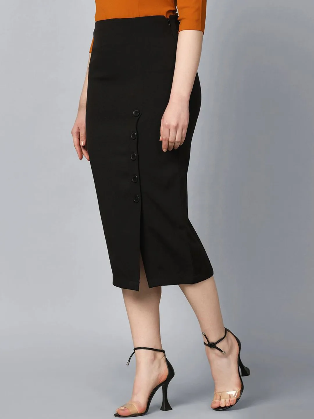 Straight Fit Stretch Longline Button Detail Skirt-Black