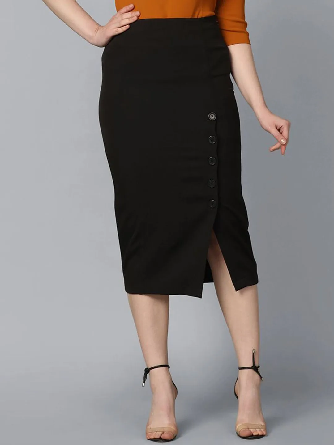 Straight Fit Stretch Longline Button Detail Skirt-Black