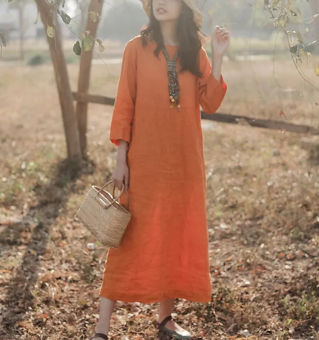 Summer Spring Women Linen Dress,Soft Washed Vintage Dresses 2221