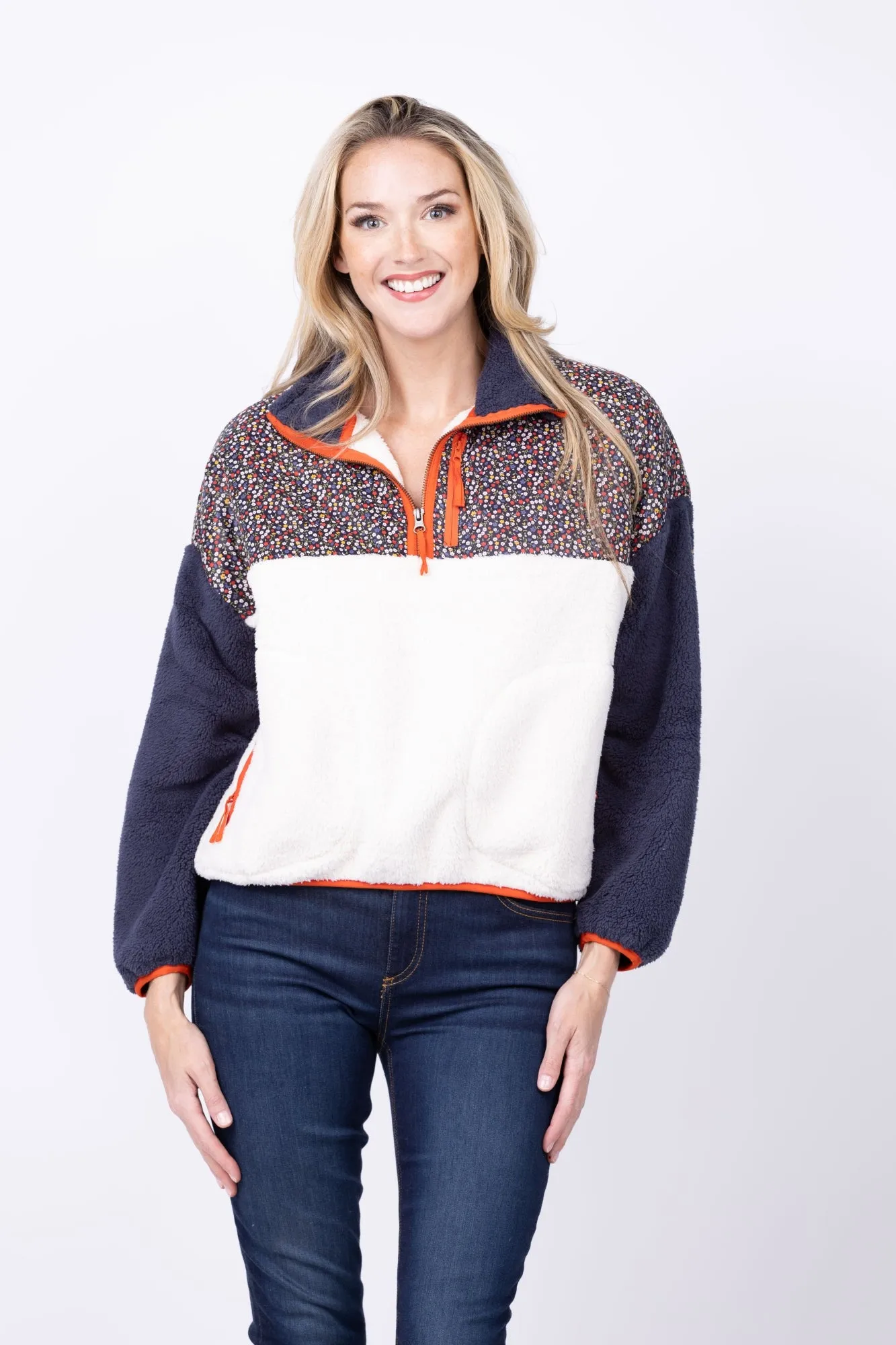 The Great.  The Plush Colorblock Terrain Half-Zip Pullover in Mountain View Floral / Chalk