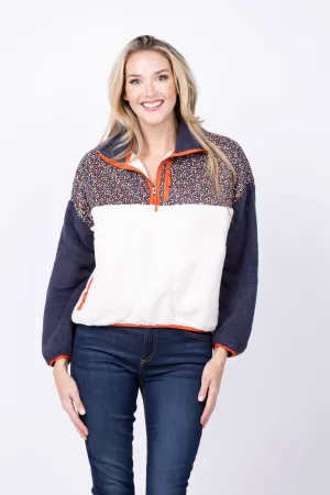 The Great.  The Plush Colorblock Terrain Half-Zip Pullover in Mountain View Floral / Chalk