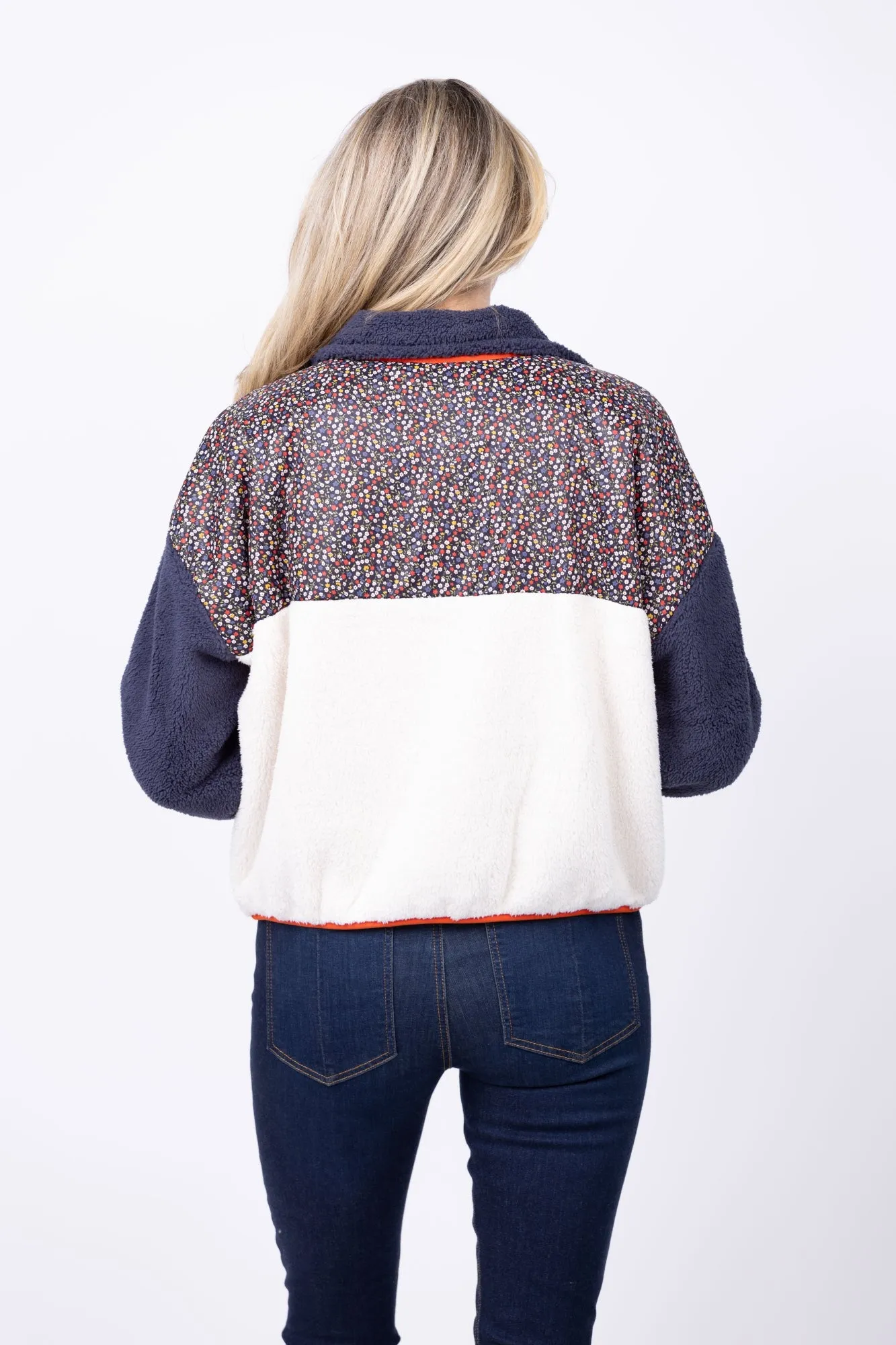 The Great.  The Plush Colorblock Terrain Half-Zip Pullover in Mountain View Floral / Chalk