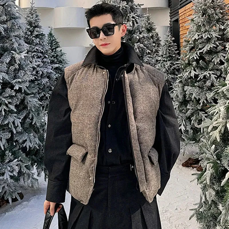 Turn-down Collar Male Waistcoat Korean Style Plaid Stitched Men's Cotton Coat Trendy Padded Short Jackets Winter 9C4029