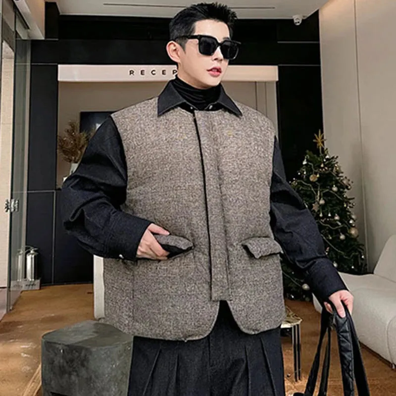 Turn-down Collar Male Waistcoat Korean Style Plaid Stitched Men's Cotton Coat Trendy Padded Short Jackets Winter 9C4029