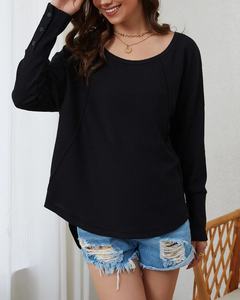 Waffle Pleated Long Sleeve Top