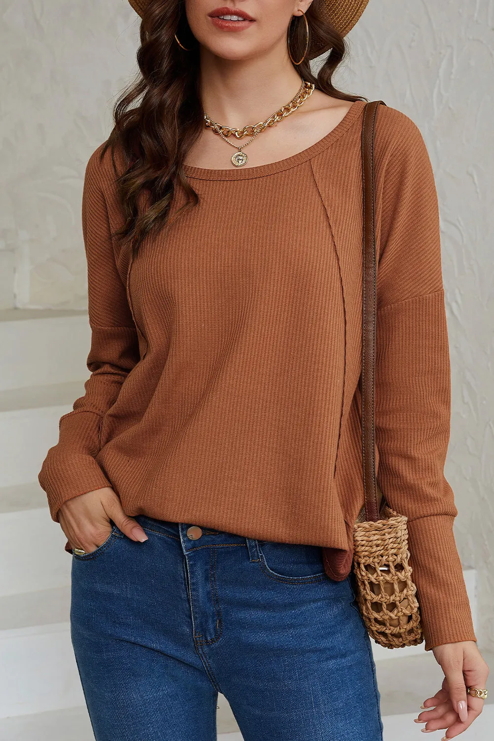 Waffle Pleated Long Sleeve Top