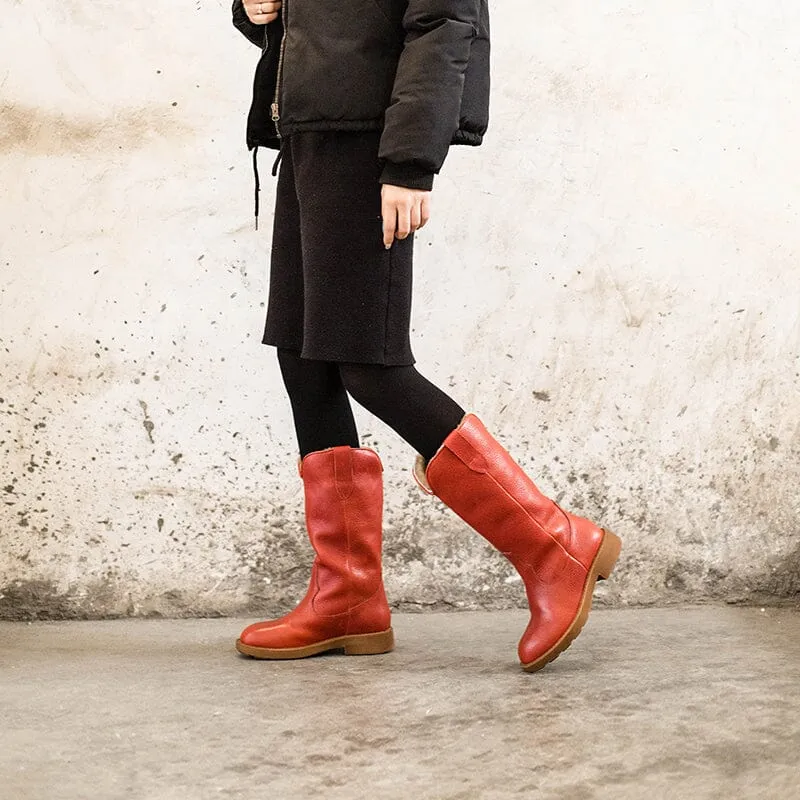 Western Cowboy Boots Handmade Leather Mid Calf Snow Boots Shearling Lined in Red/Black/Coffee