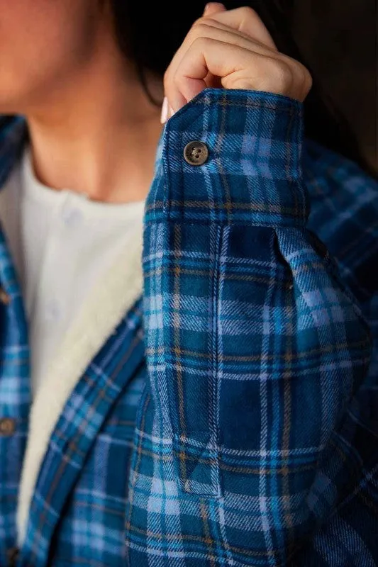 Women Collar Fleece Lined Flannel Shirt - Blue and Navy Tartan - Lee Valley