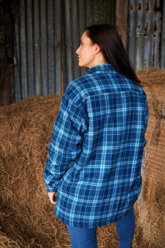 Women Collar Fleece Lined Flannel Shirt - Blue and Navy Tartan - Lee Valley