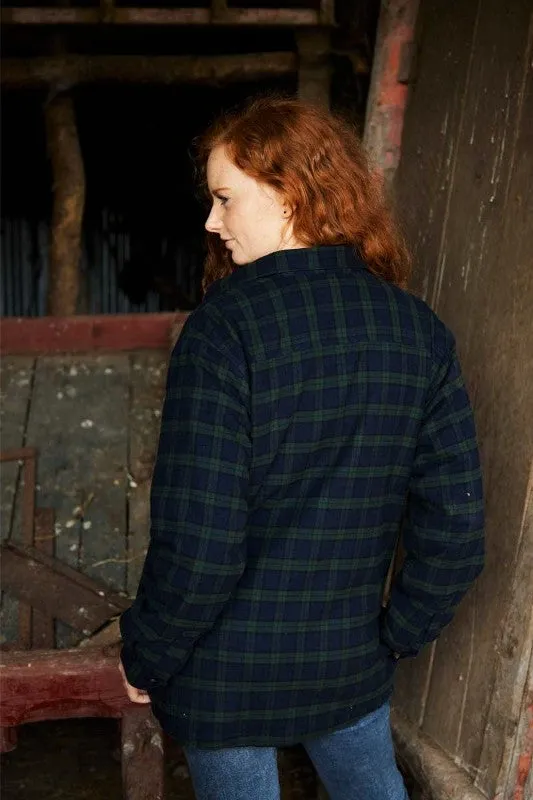 Women Collar Fleece Lined Flannel Shirt - Green Tartan Black Watch - Lee Valley