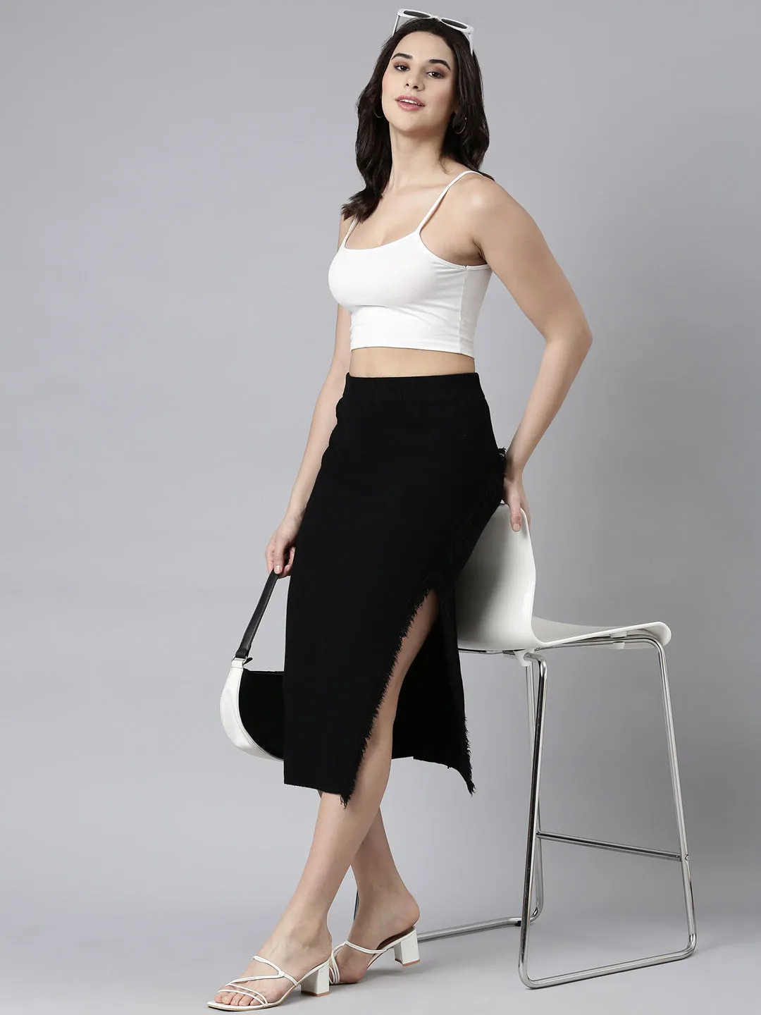 Women Solid Black Straight Midi Skirt