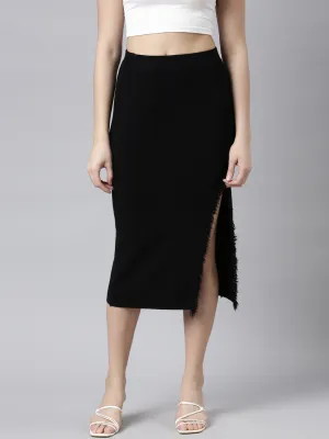 Women Solid Black Straight Midi Skirt