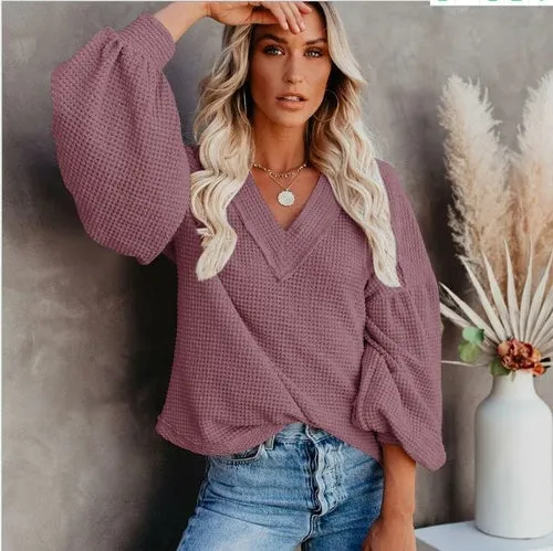 Women's Long Sleeve V Neck Knit Sweater Solid Color Tops