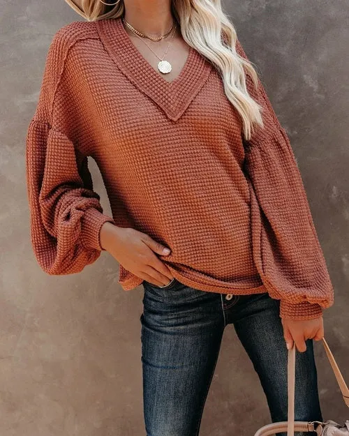 Women's Long Sleeve V Neck Knit Sweater Solid Color Tops