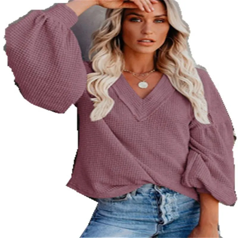 Women's Long Sleeve V Neck Knit Sweater Solid Color Tops