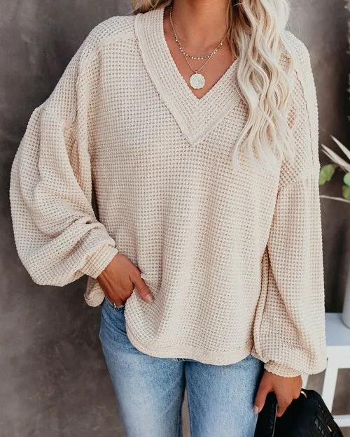 Women's Long Sleeve V Neck Knit Sweater Solid Color Tops