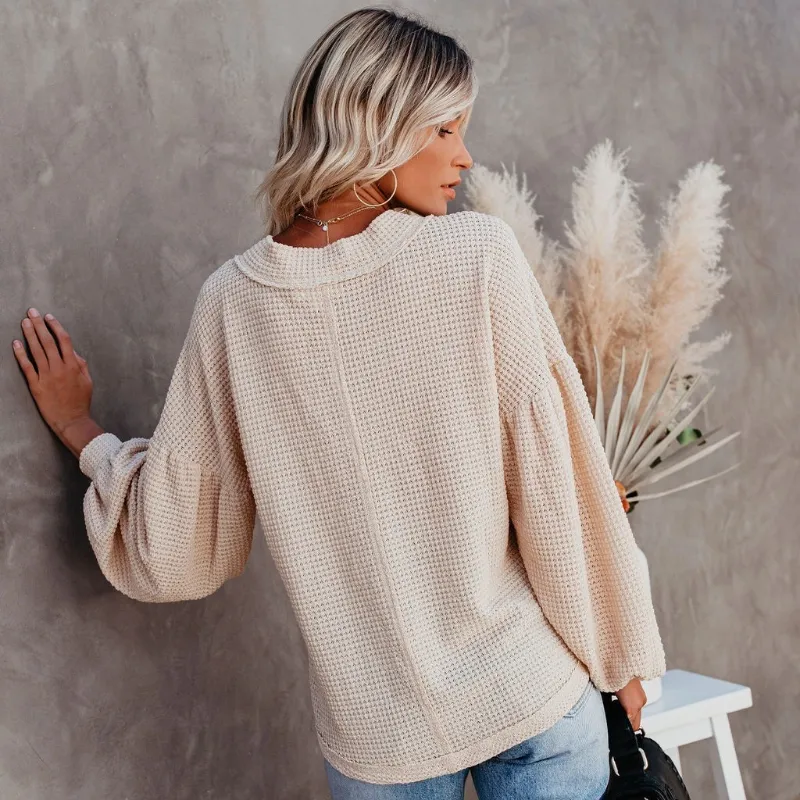 Women's Long Sleeve V Neck Knit Sweater Solid Color Tops