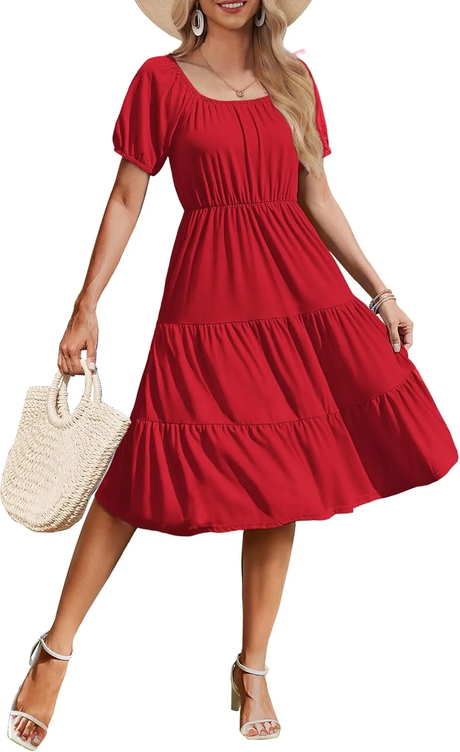 Zeagoo Womens Casual Dress Square Neck Puff Sleeve Boho Dress